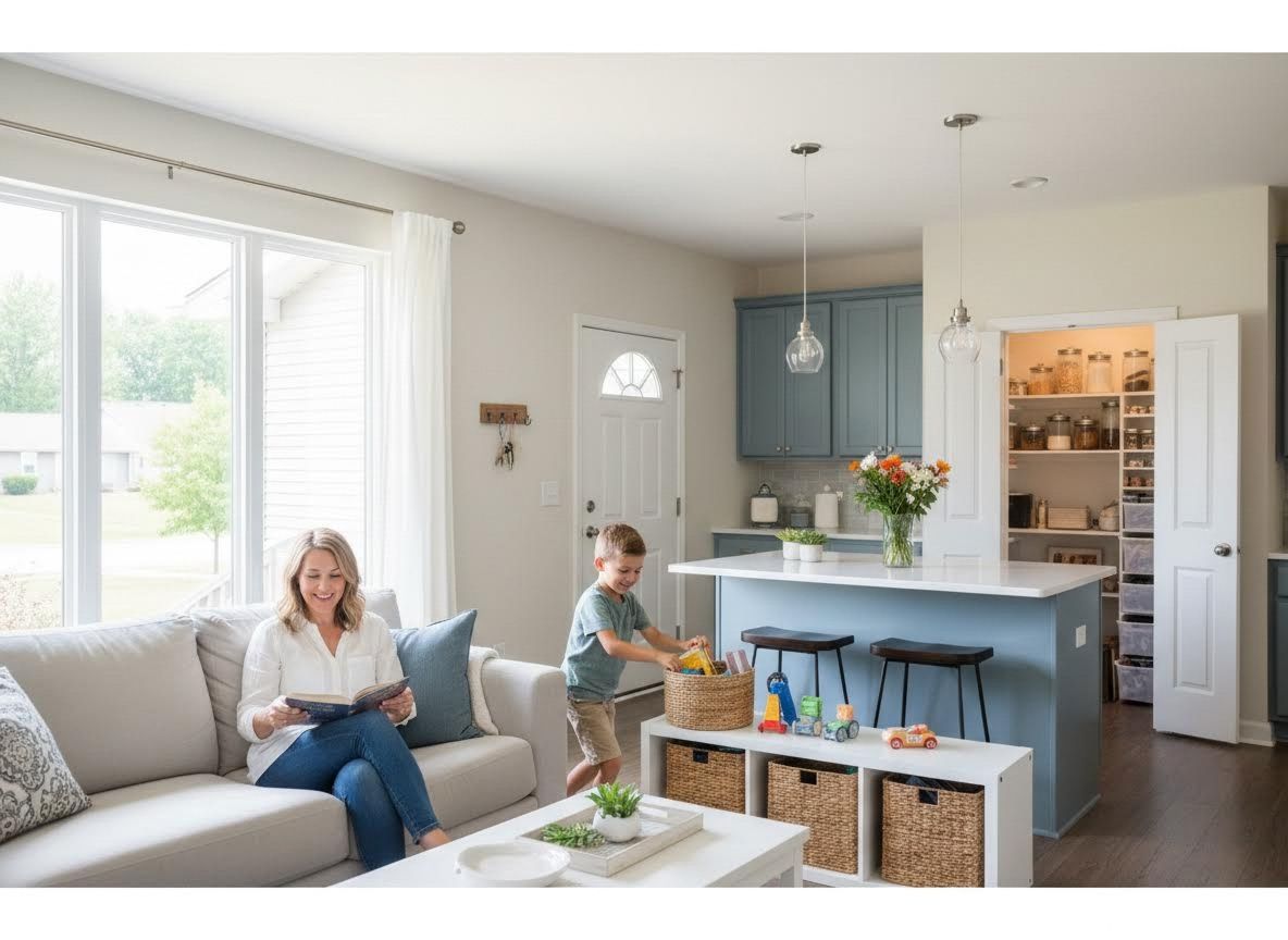 Mother and son in a modern open-concept living room and kitchen