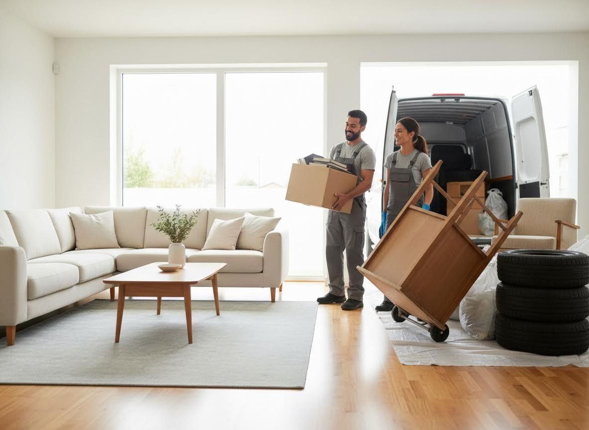 Professional movers loading a van from a modern living room