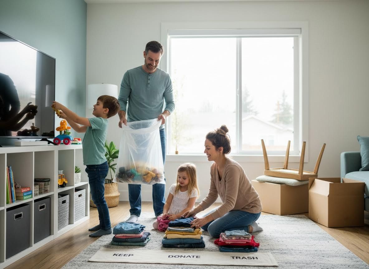 Family sorting clothes in living room