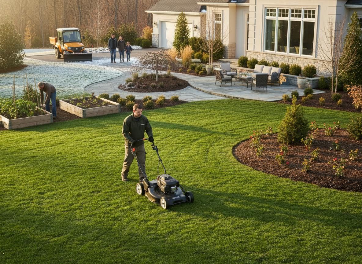 Man mowing a lawn in a large suburban backyard