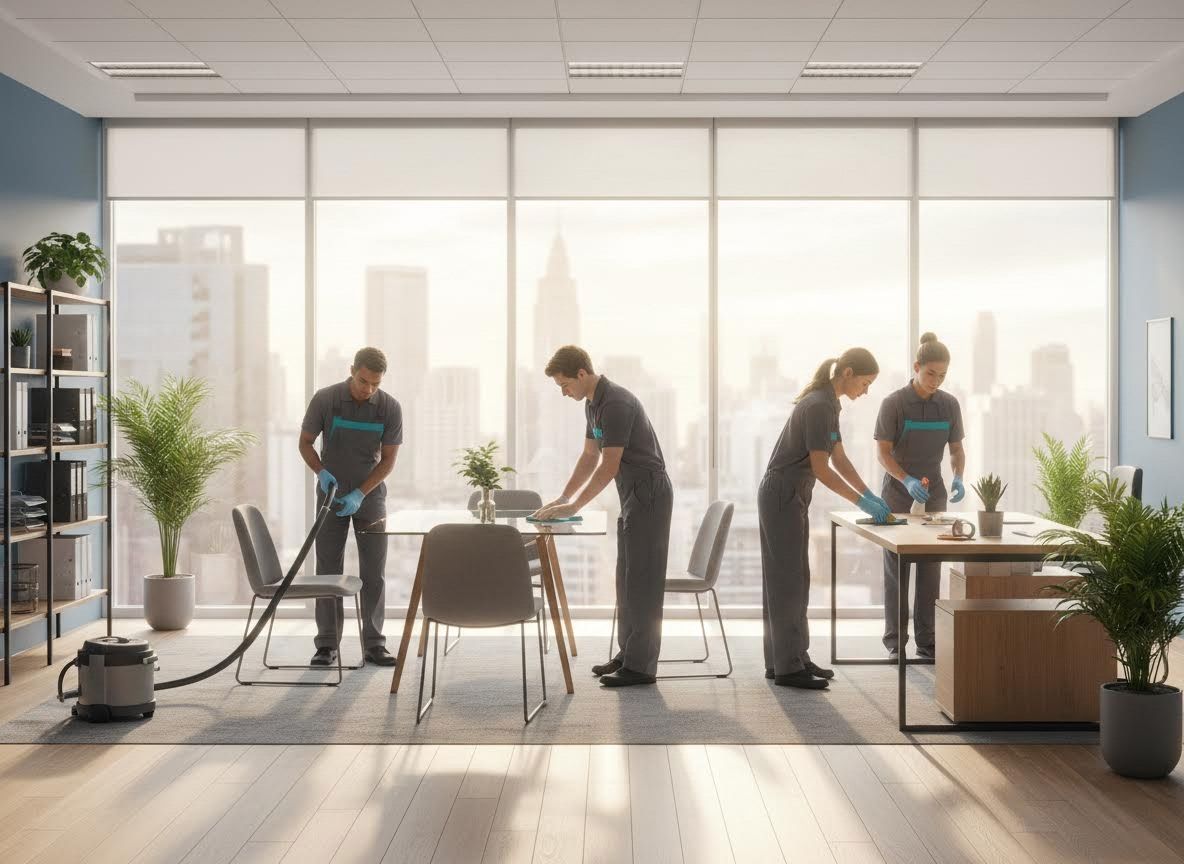 Professional office cleaning team at work