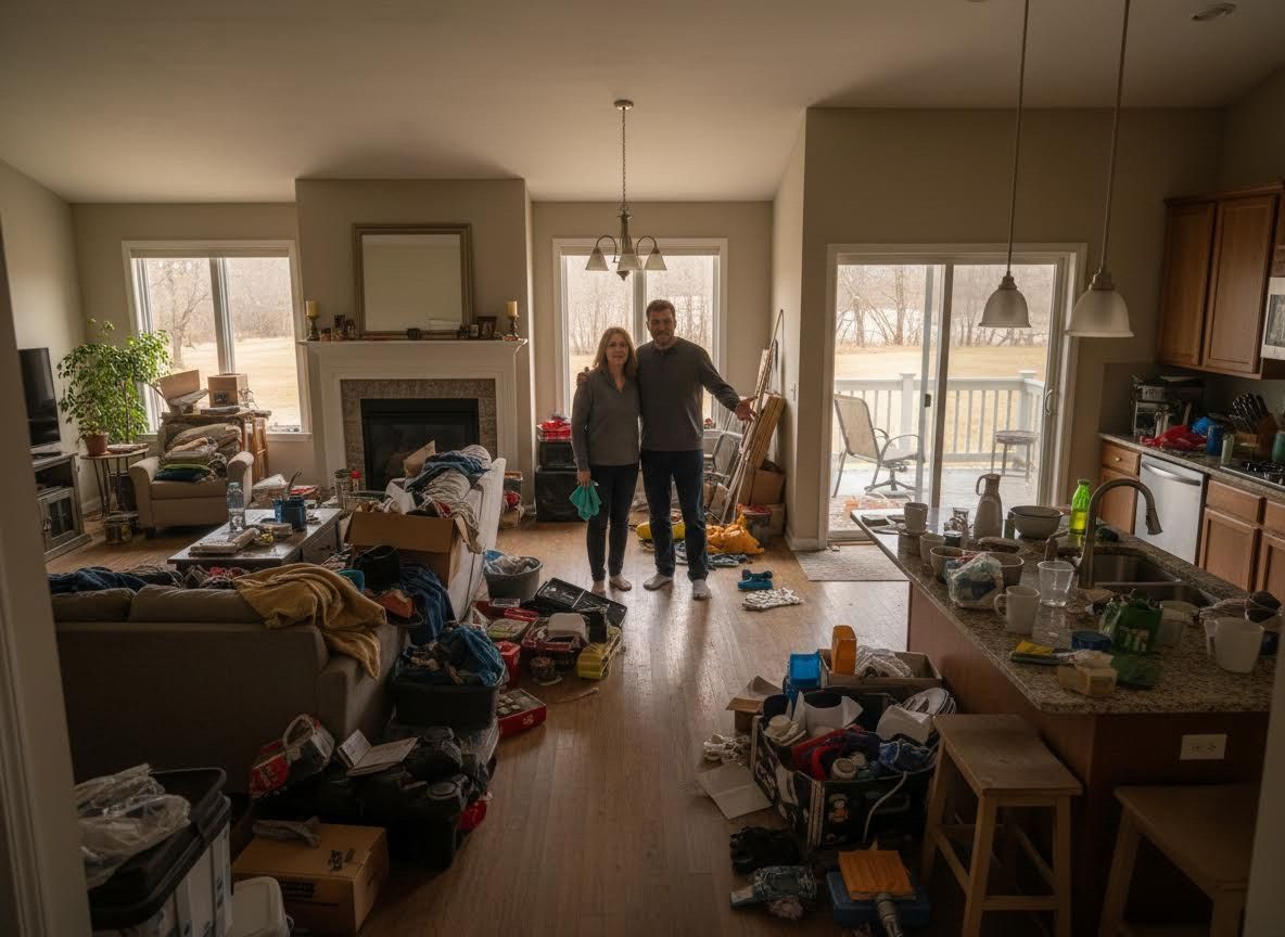 Couple in a very messy house