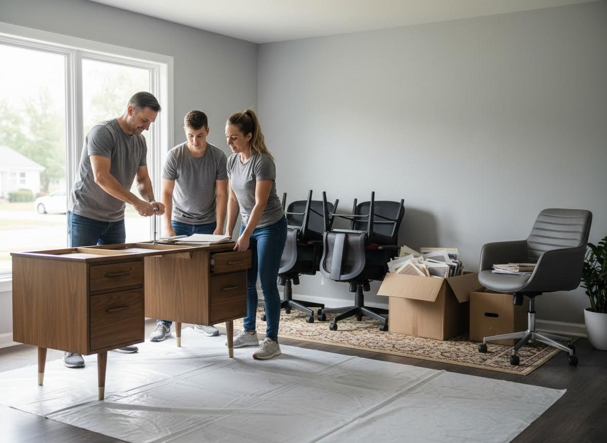 Family assembling a wooden office desk
