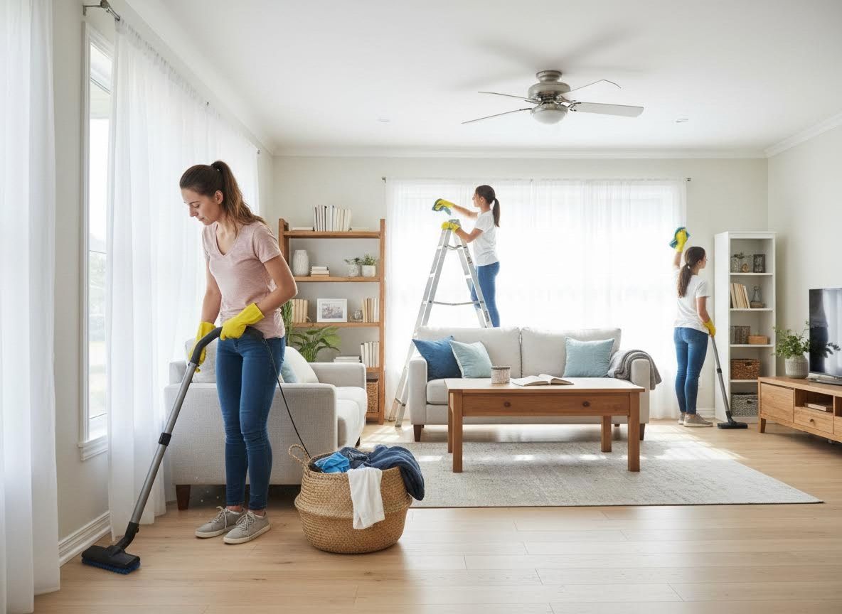 Women cleaning a modern living room