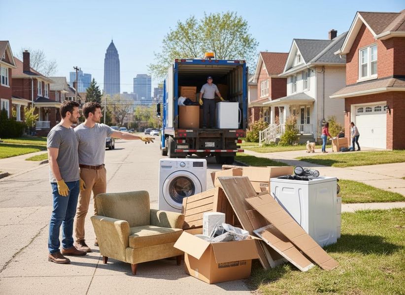 Men coordinating a move with a truck and boxes