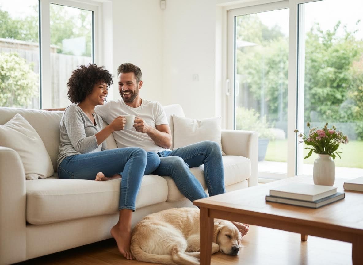 Happy couple relaxing on sofa with their golden retriever