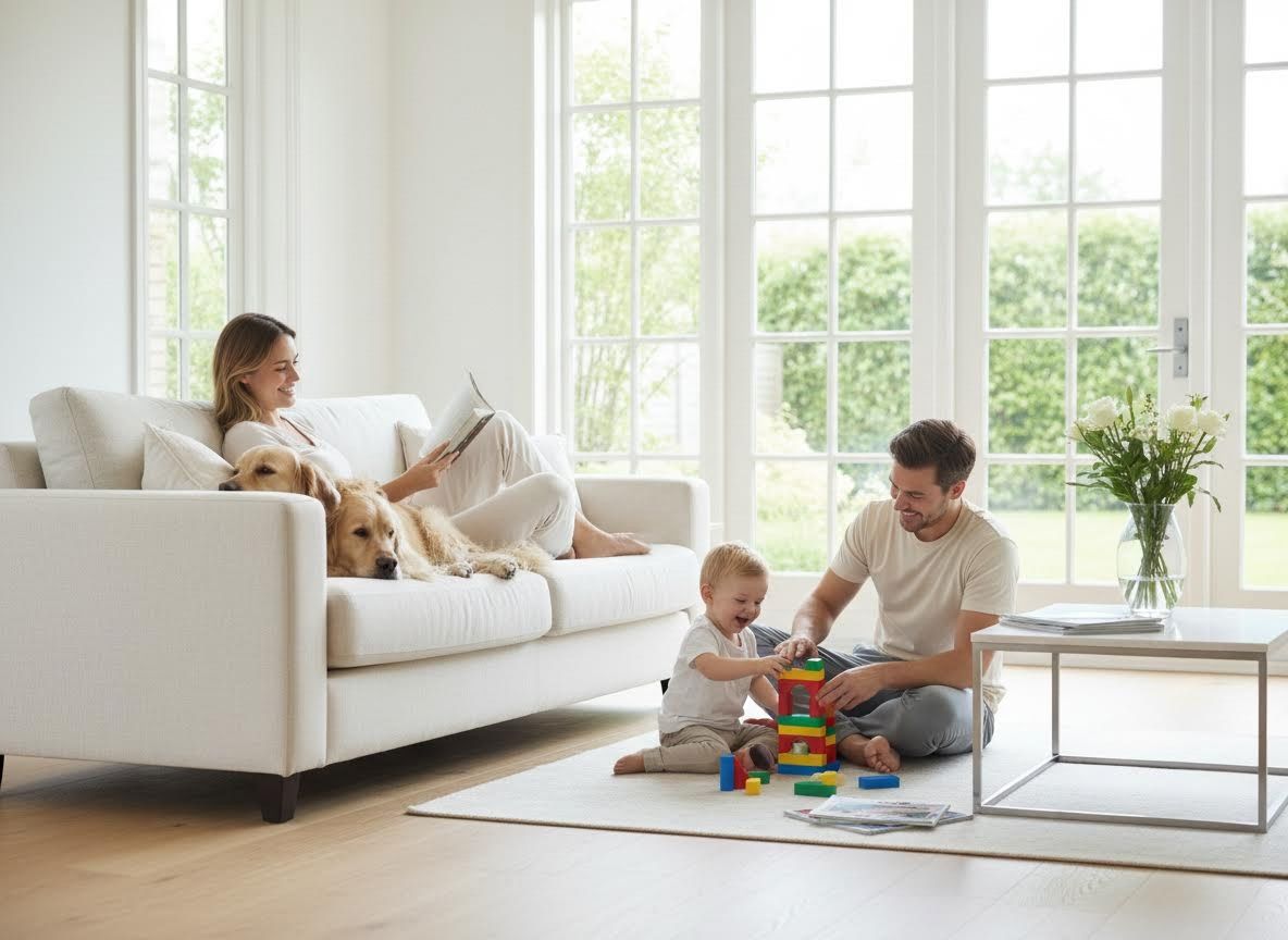 Family Relaxing and Playing with Dogs in Sunny Living Room