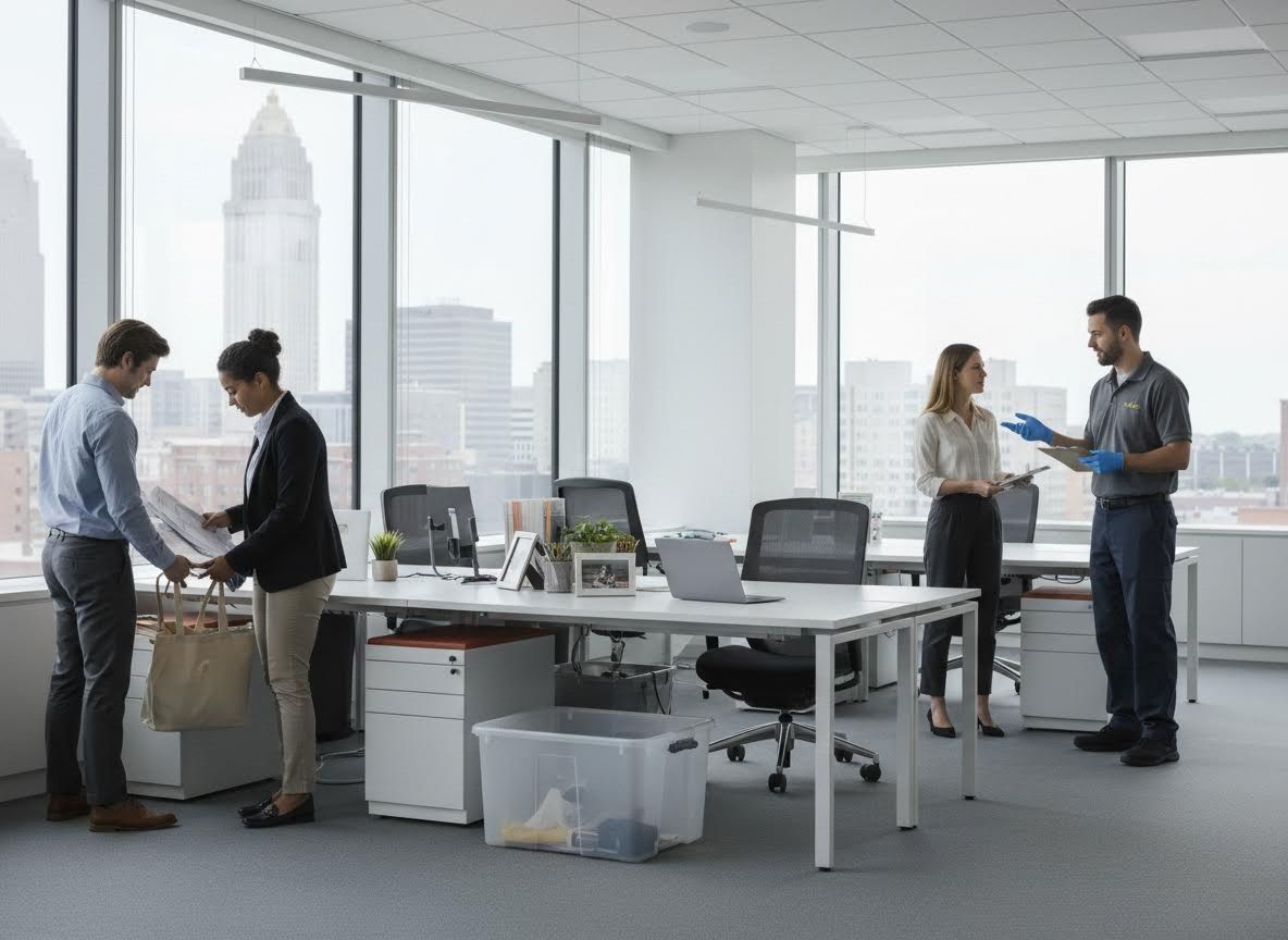 Four individuals in a modern open-plan office setting