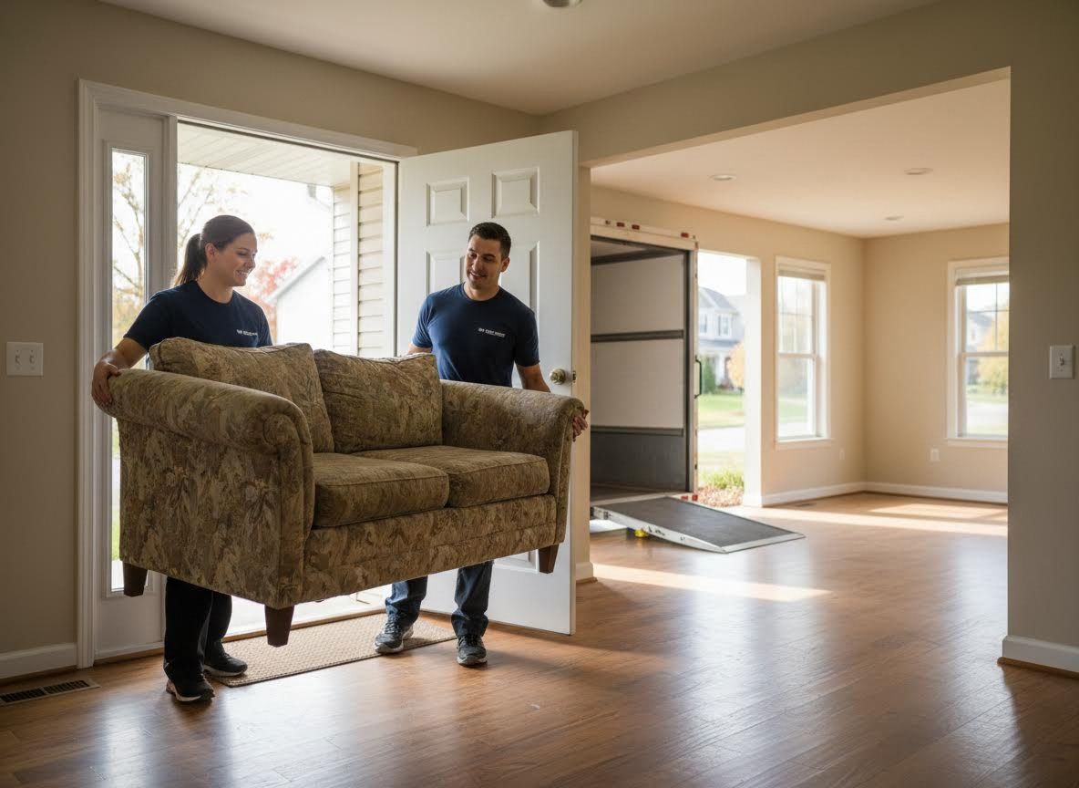 Movers carrying a couch into a house