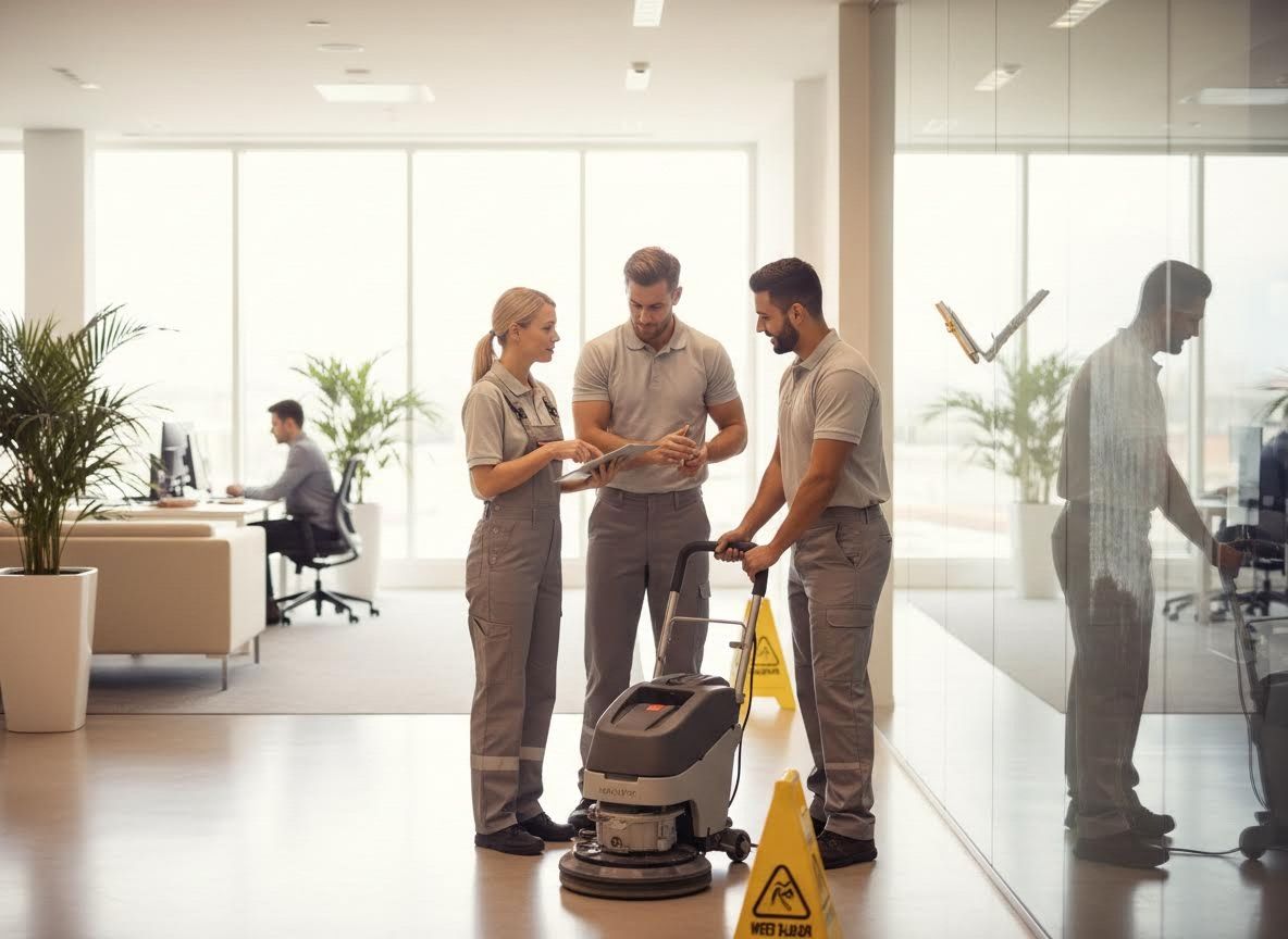 Cleaning professionals discuss a plan in a modern office