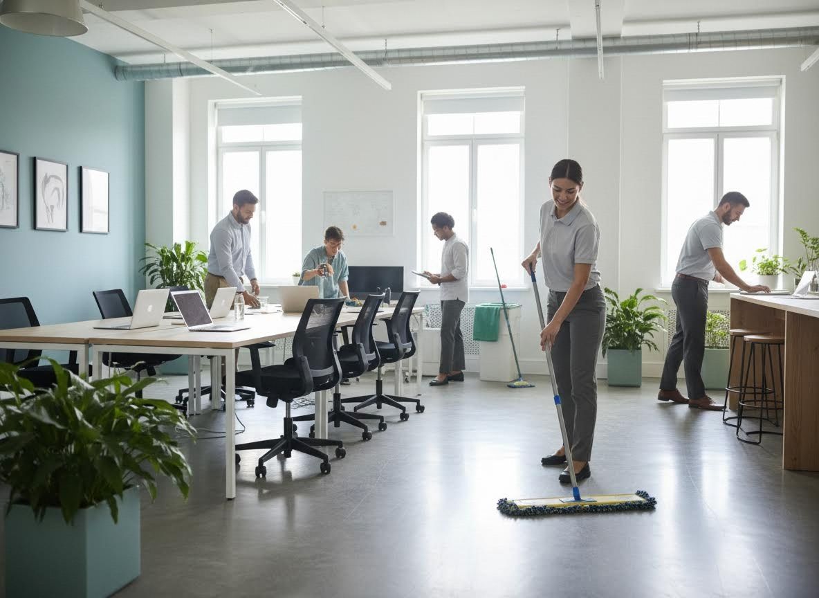 Professional office cleaning team at work