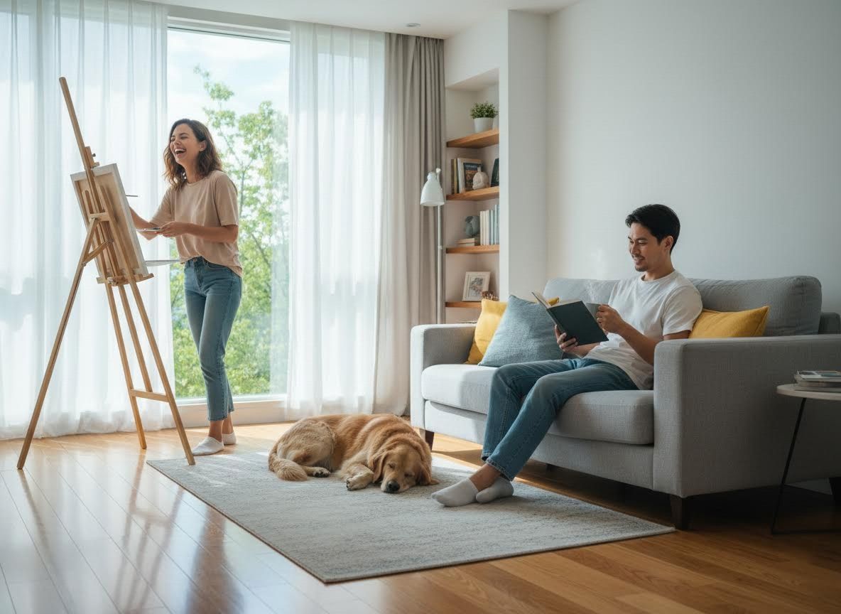 Couple enjoying hobbies at home with their dog