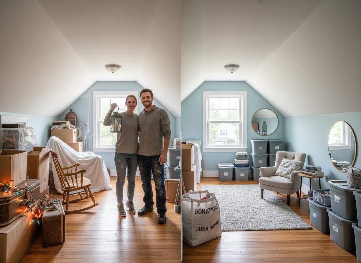 Couple in attic showing before and after decluttering and organizing