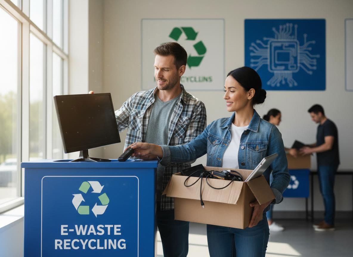 Couple Recycling E-Waste at a Collection Center