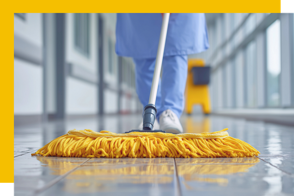 person mopping a hallway. 