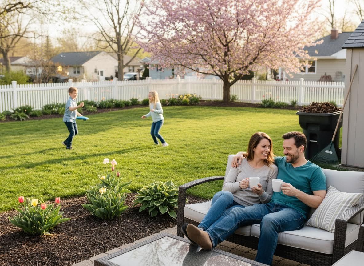 Family Relaxing and Playing in a Sunny Spring Backyard