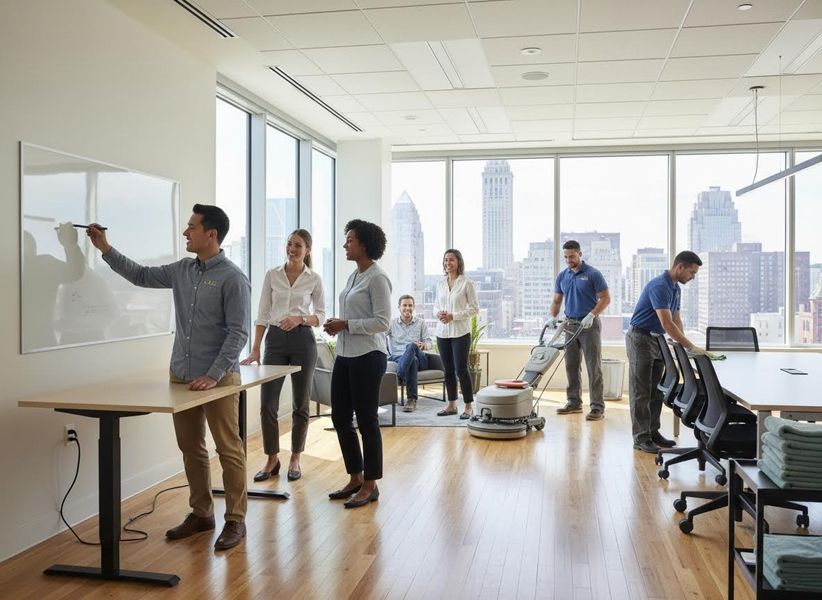Office Staff and Cleaning Crew in Modern Workspace