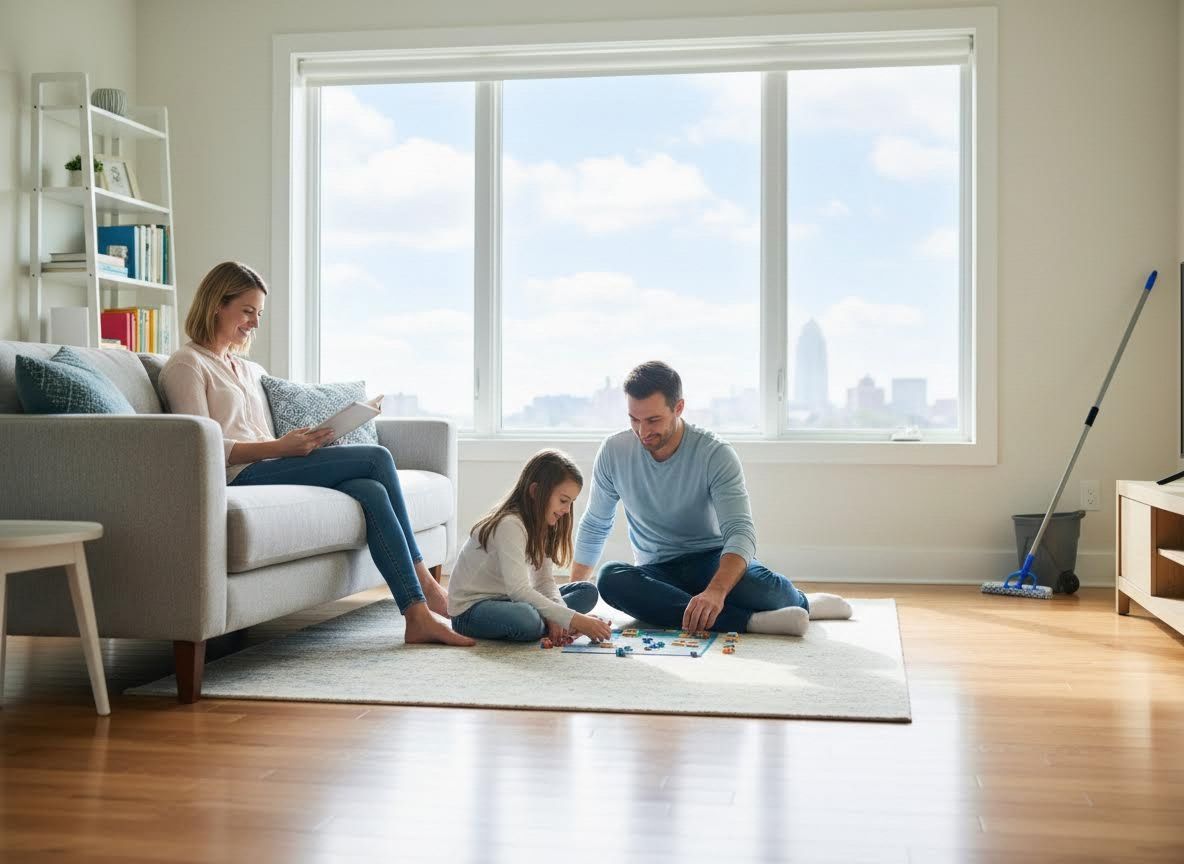 Family Playing Board Game and Reading in Living Room