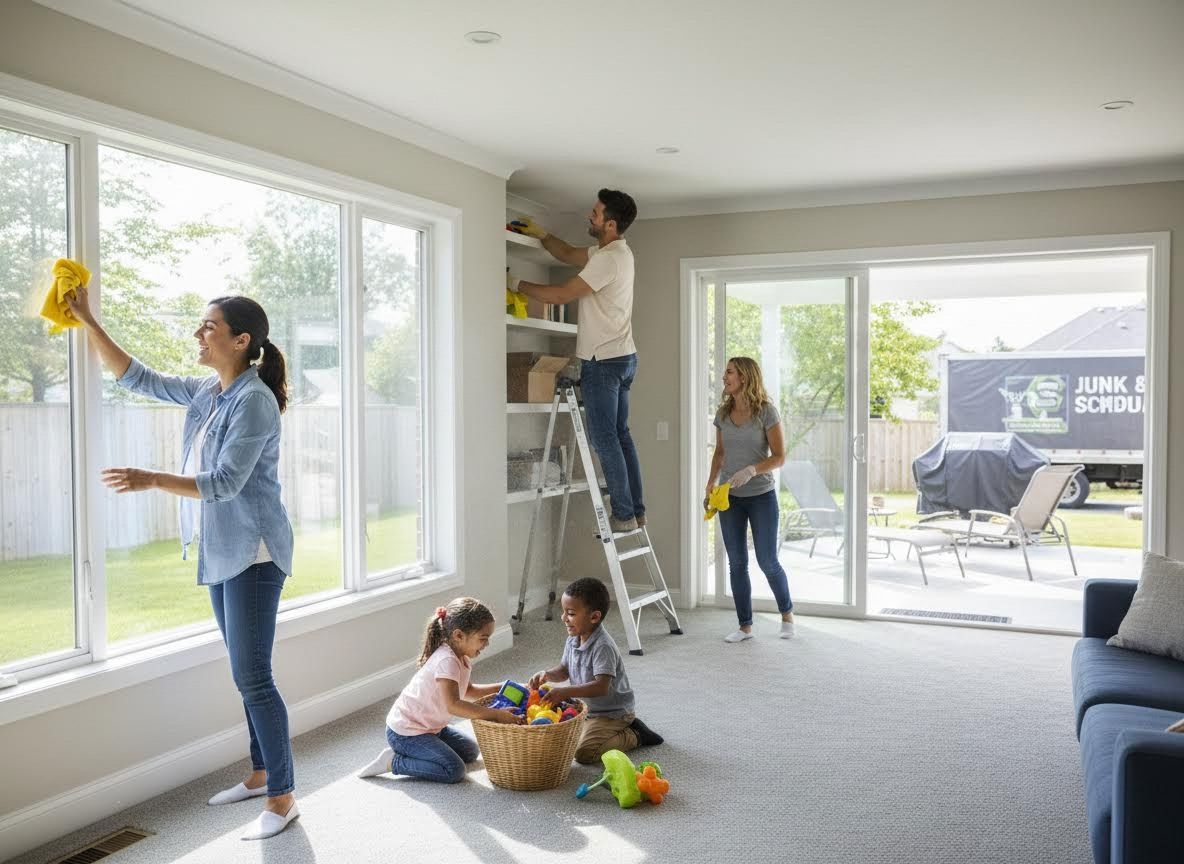 Family cleaning and tidying their home together