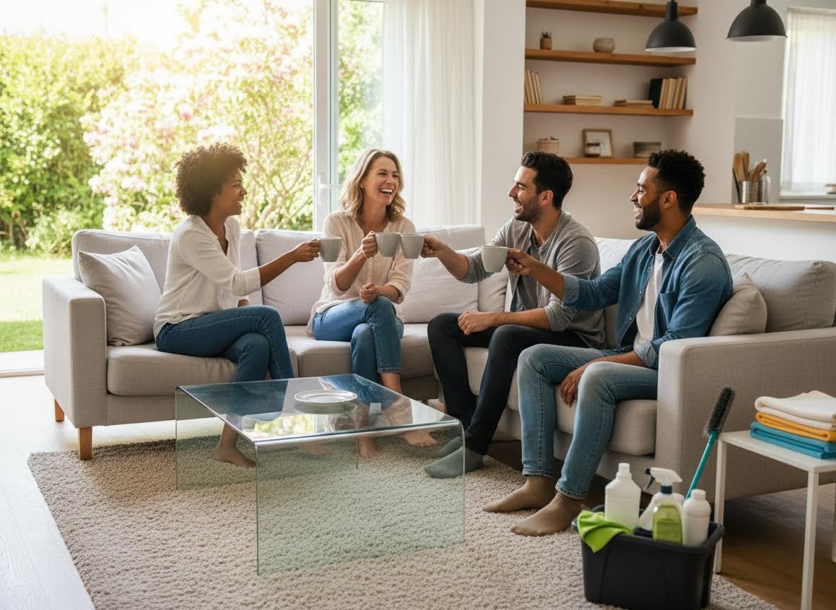 Group of friends toasting with mugs in a bright living room