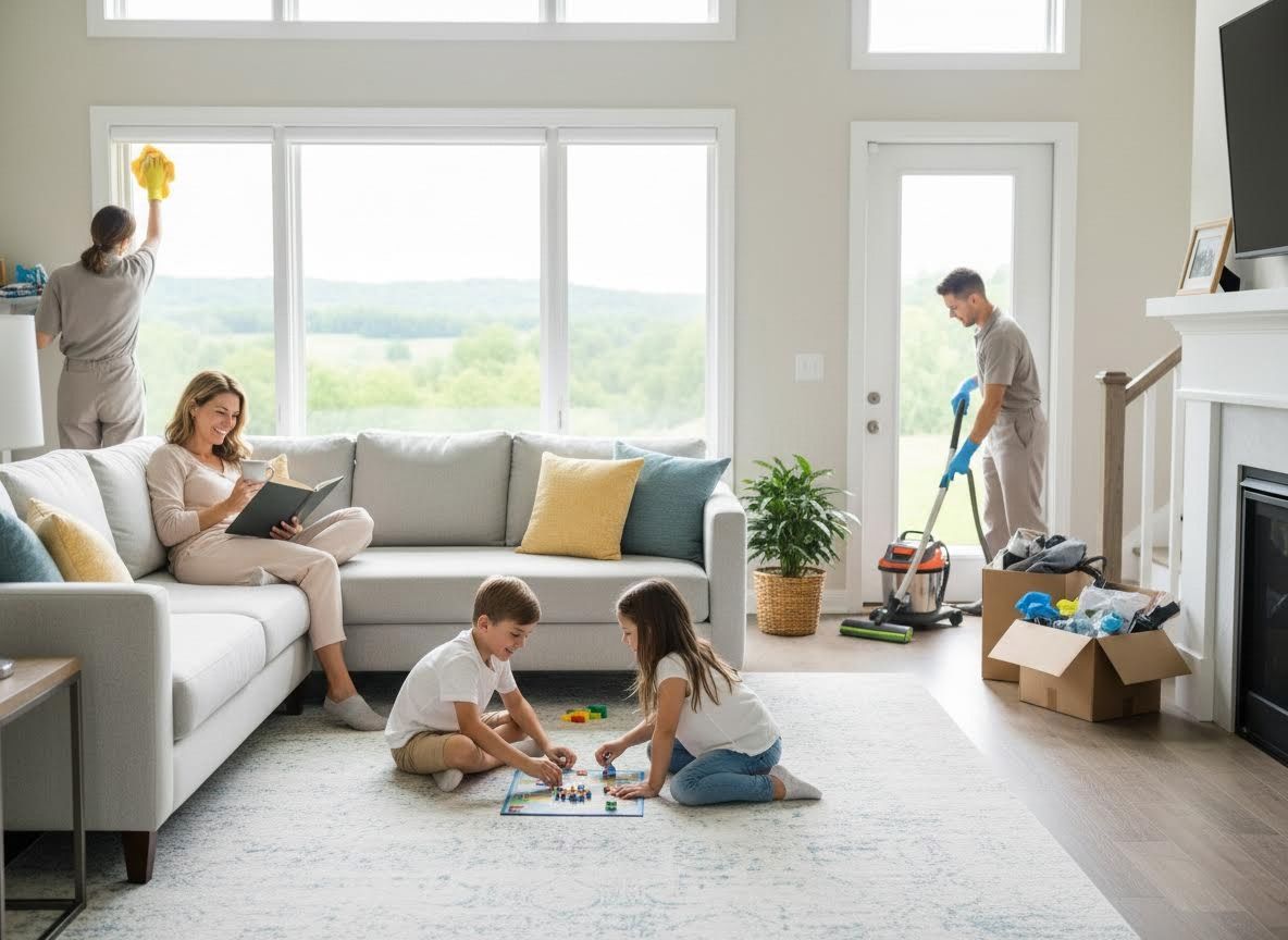 Family Multitasking in a Bright Living Room