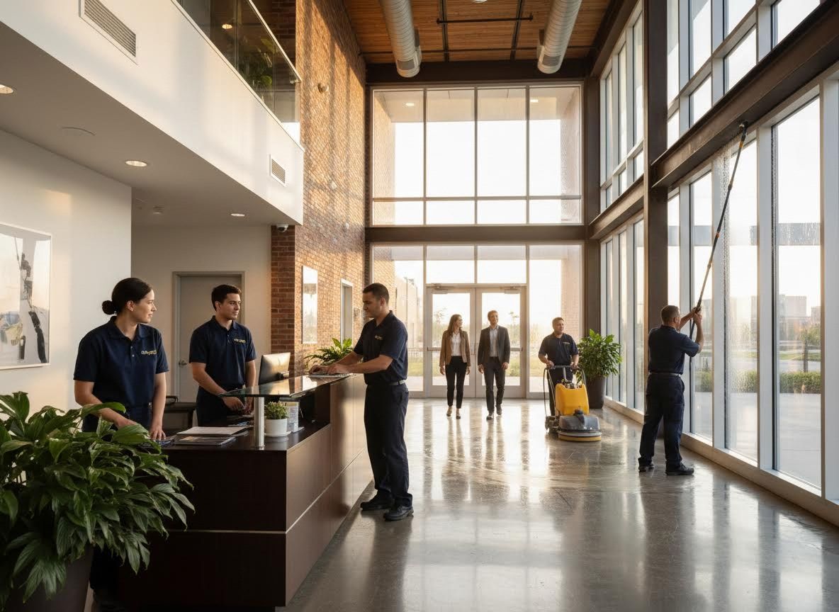 Professional Building Maintenance and Reception in Modern Lobby