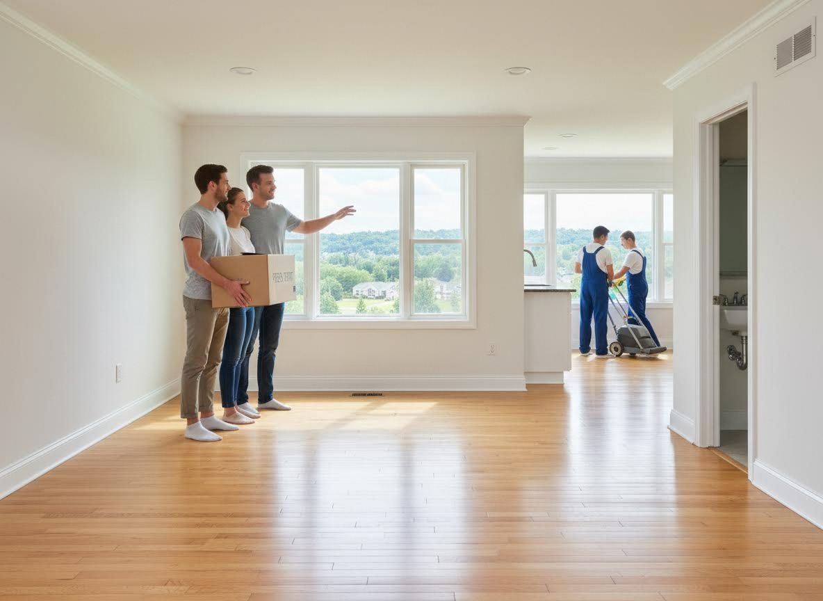 Couple and Realtor in New Empty House with Cleaning Crew