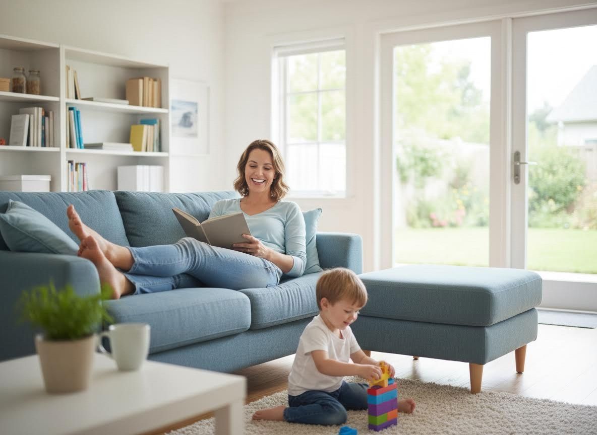 Mother and Child Relaxing in Bright Living Room
