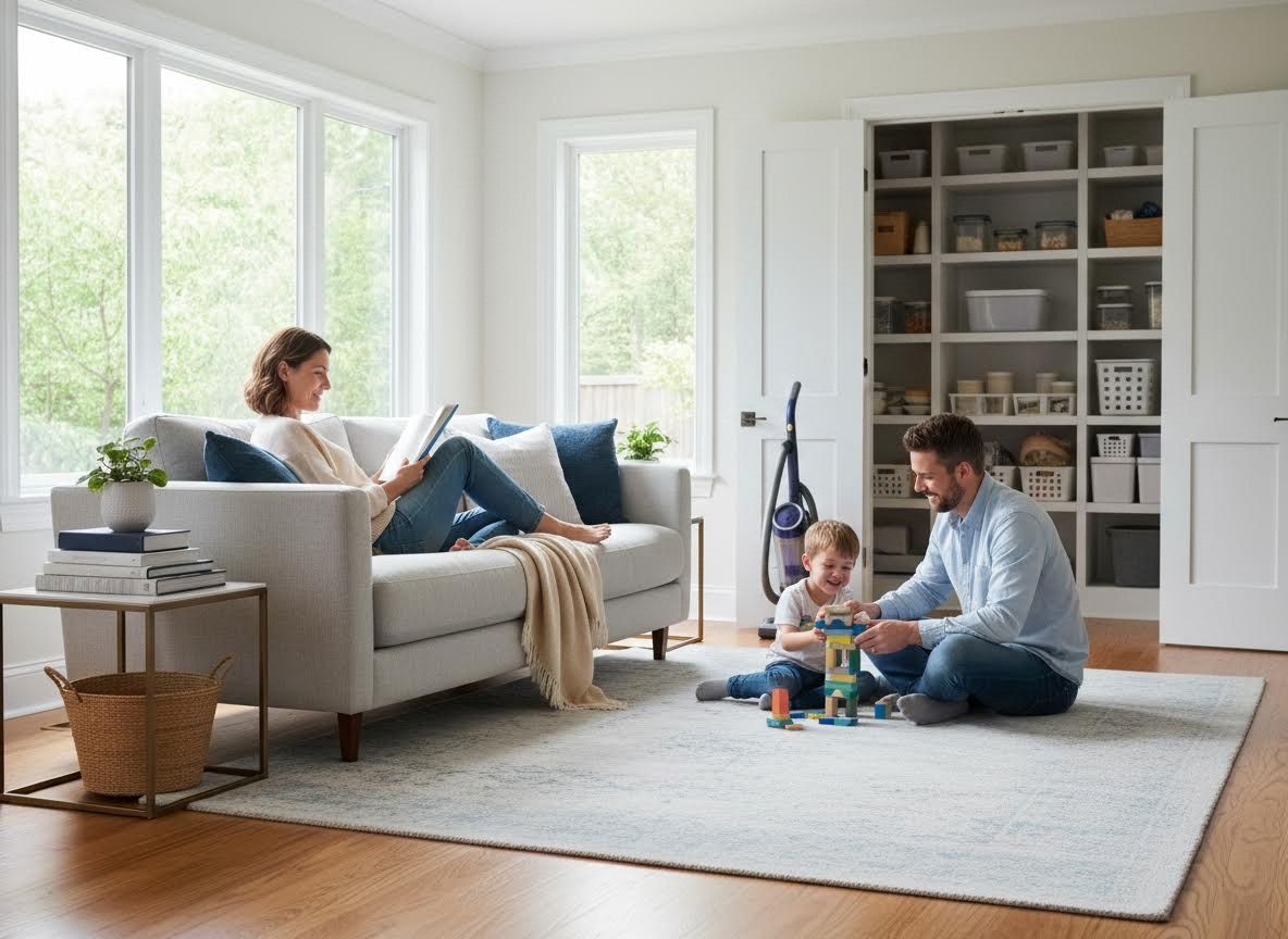 Family Enjoying Leisure Time in a Bright, Organized Living Room