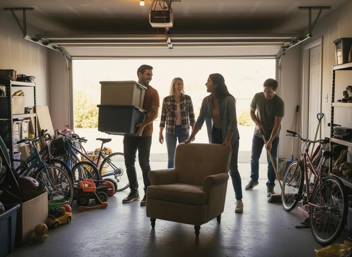 Family and friends organizing garage space