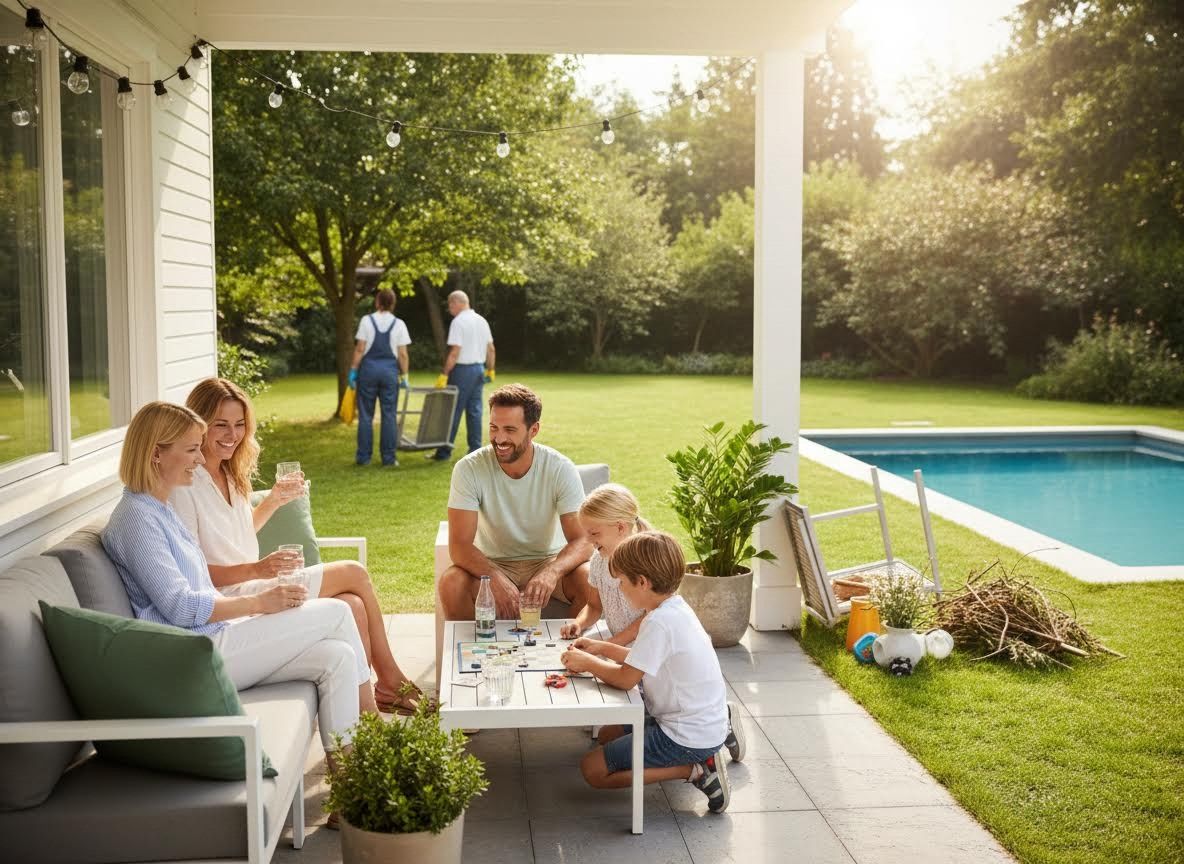 Family enjoying a sunny afternoon on a modern backyard patio