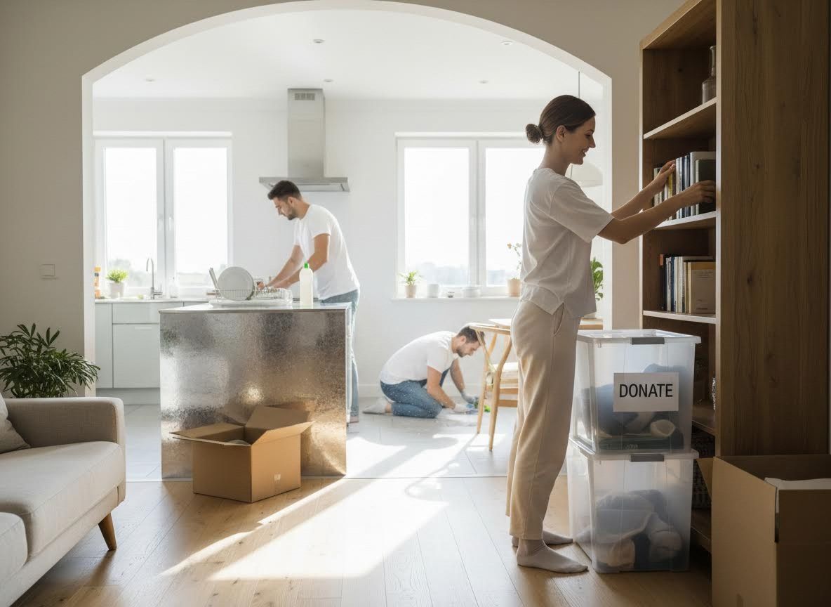 People organizing, cleaning, and decluttering a modern home
