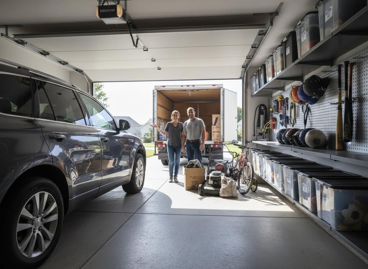 Couple with moving truck in an organized garage