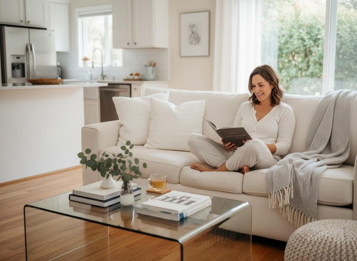 Woman reading a book on a sofa in a bright home