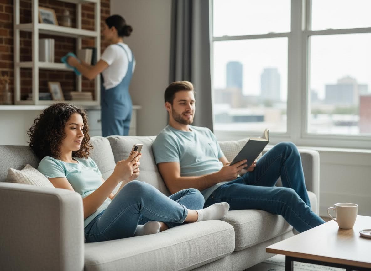 People relaxing and cleaning in a bright living room