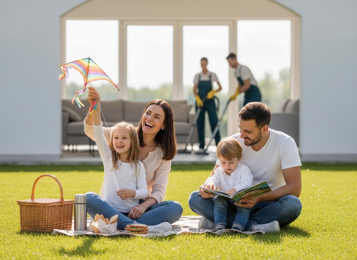 Family picnic with kite and storytime, cleaners working inside