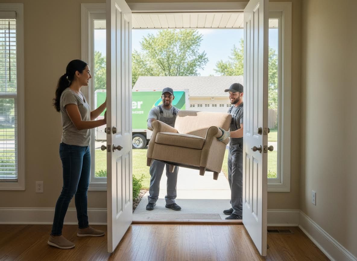Professional movers carrying an armchair into a house