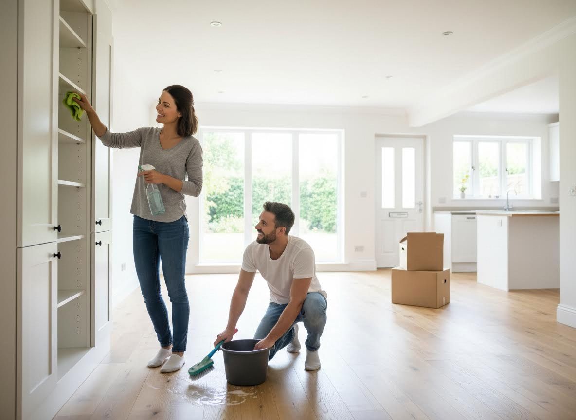 Couple cleaning their new empty house