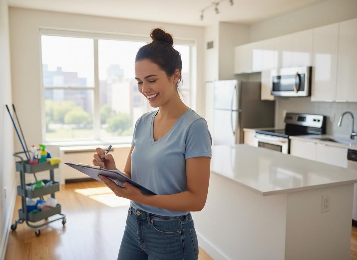 Woman with Clipboard Inspecting Modern Apartment Kitchen