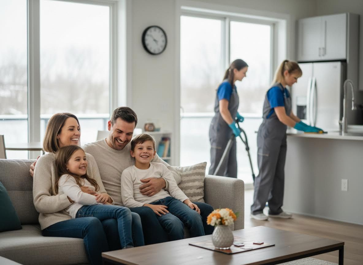Family relaxing at home while professional cleaners work