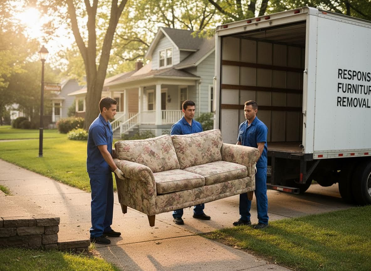 Three men moving a floral sofa to a moving truck