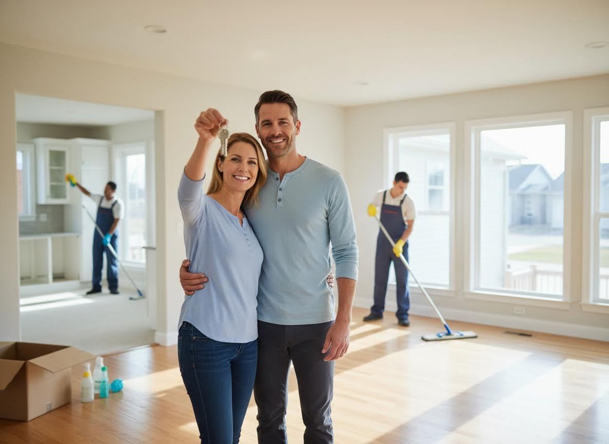 Happy Couple with New Home Keys and Cleaners