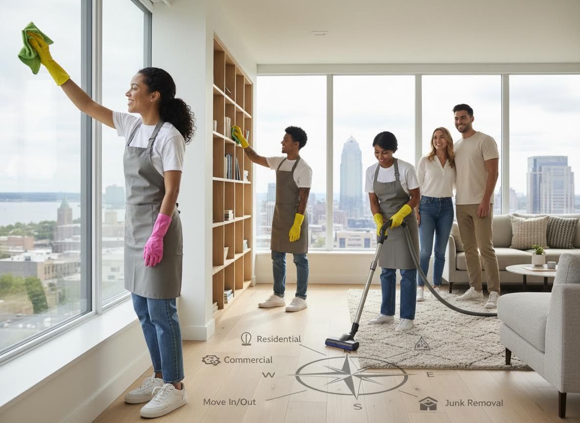 Cleaning Team in Modern Apartment with Service Icons