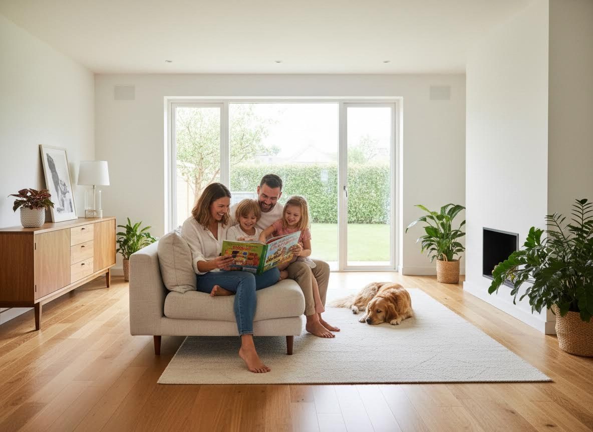 Happy family with children and dog reading book in living room