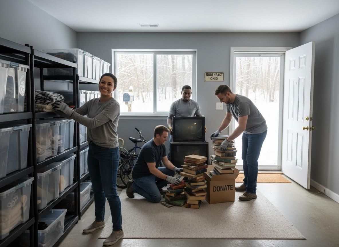 Four people organizing items for donation in a garage