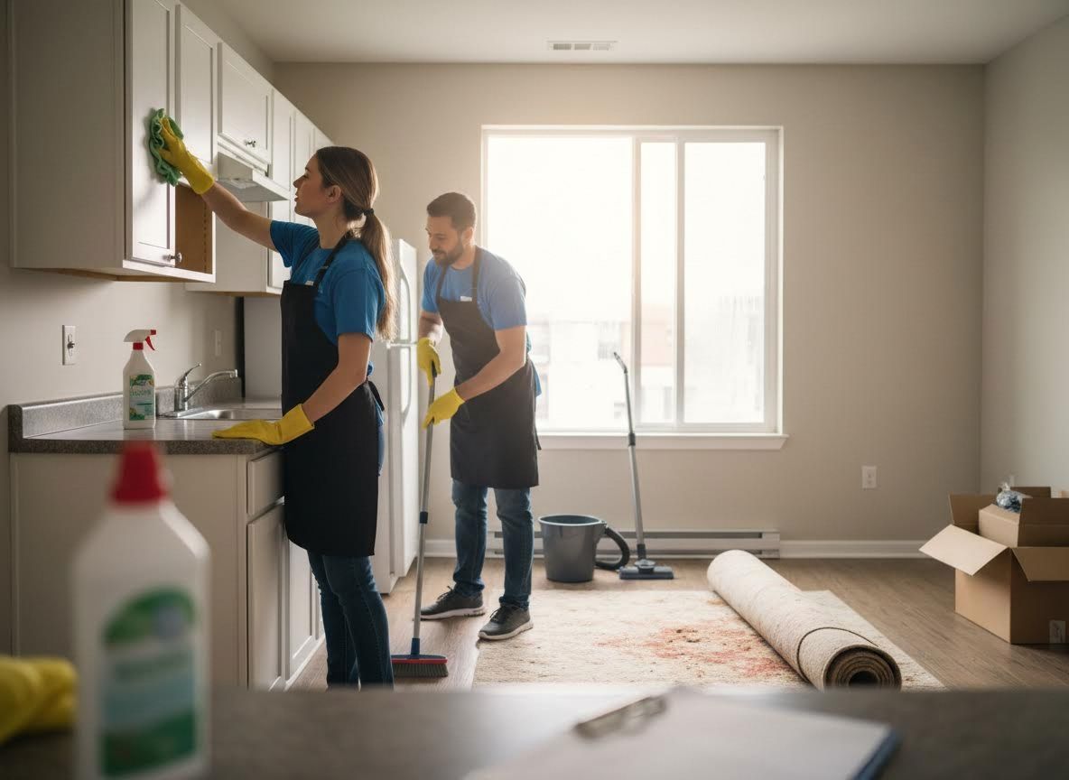 Professional Cleaners Working in an Apartment Kitchen