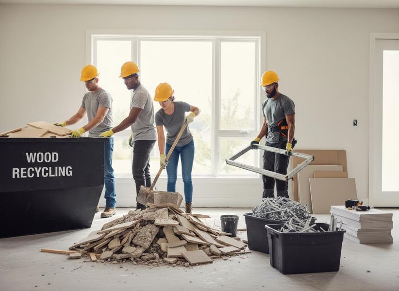 Construction team cleaning and sorting debris at a renovation site