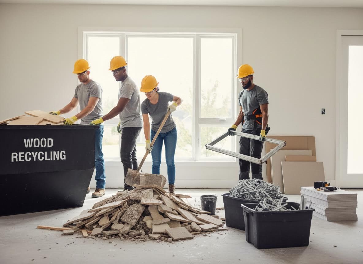 Construction team cleaning and sorting debris at a renovation site