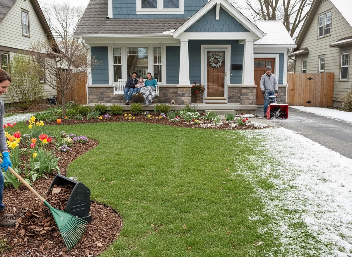 Family performs diverse yard tasks in transitional weather
