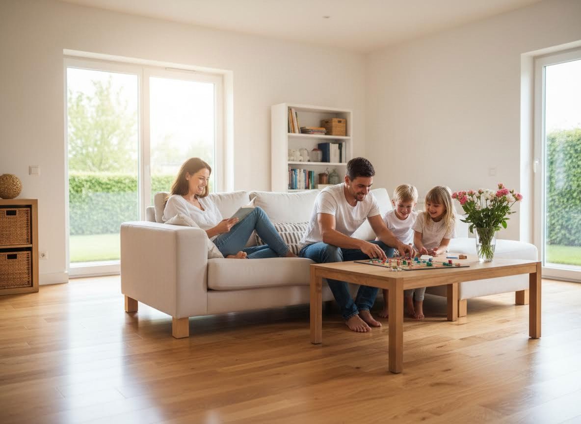 Family enjoying a board game and tablet in a bright living room